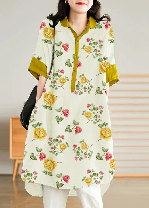 Women's Clothing for Every Occasion Jade Yellow flower Linen Women Casual Linen Shirt Dress