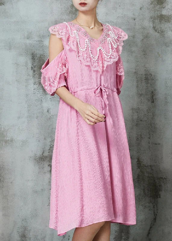 Comfort Centric Apparel Chic Pink Cold Shoulder Patchwork Chiffon Holiday Dress Summer