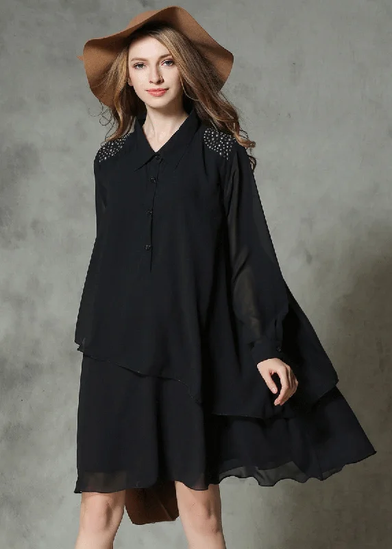 Chic Trends Unveiled DIY Black Asymmetrical Design Rivet Chiffon A Line Dresses Spring