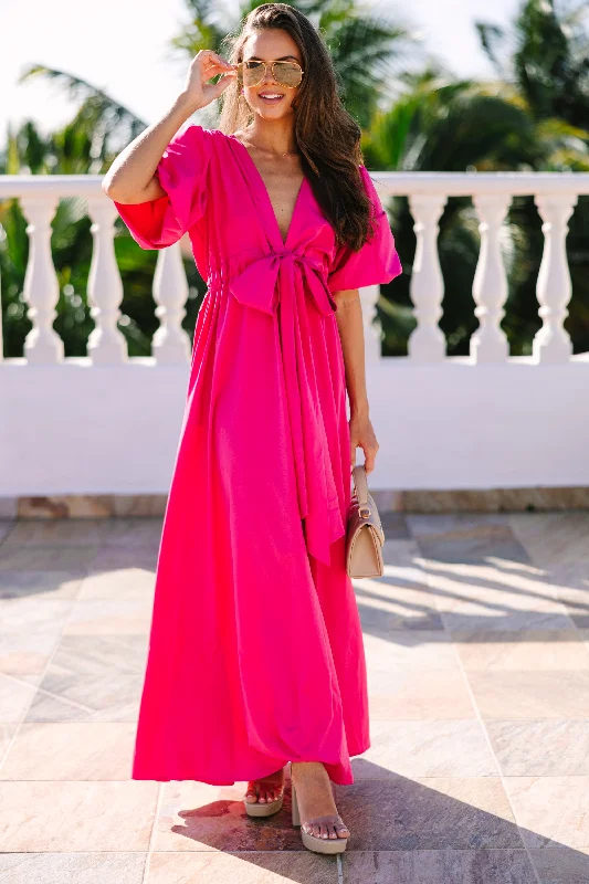 Gorgeous Glamour Collection Keep It Up Fuchsia Pink Puff Sleeve Maxi Dress