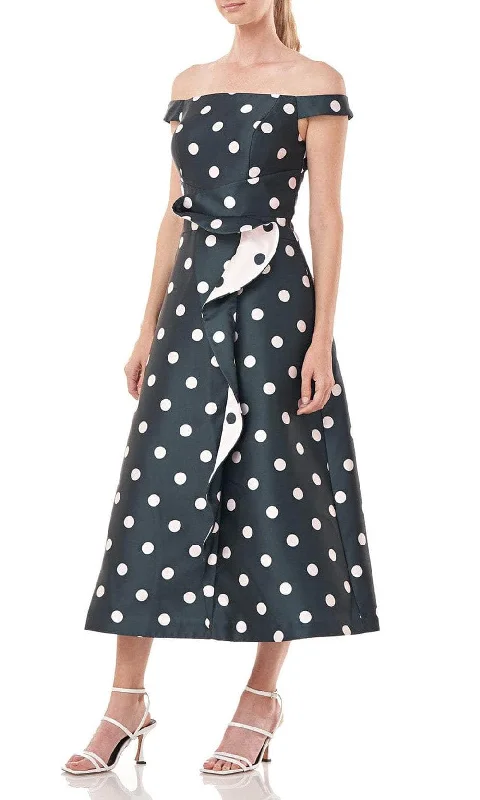 High Street Women's Fashion for Trendy Shoppers Kay Unger 5517419 - Off-Shoulder Polka Dot Printed Tea-Length Dress