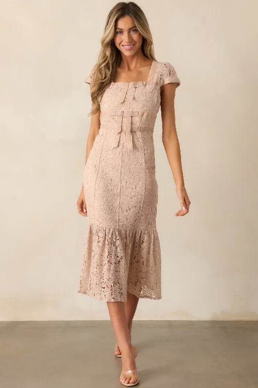 Trendy Attire For Her Cobblestone Chronicles Blush Lace Midi Dress