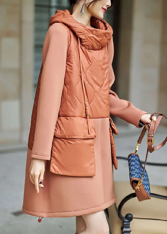 Fashion Forward Femme Organic Orange Hooded Patchwork Thick Vacation Dresses Winter