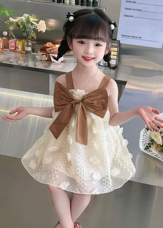 Street Style Fashion Coffee Patchwork Tulle Kids Girls Dress Ruffled Bow Sleeveless