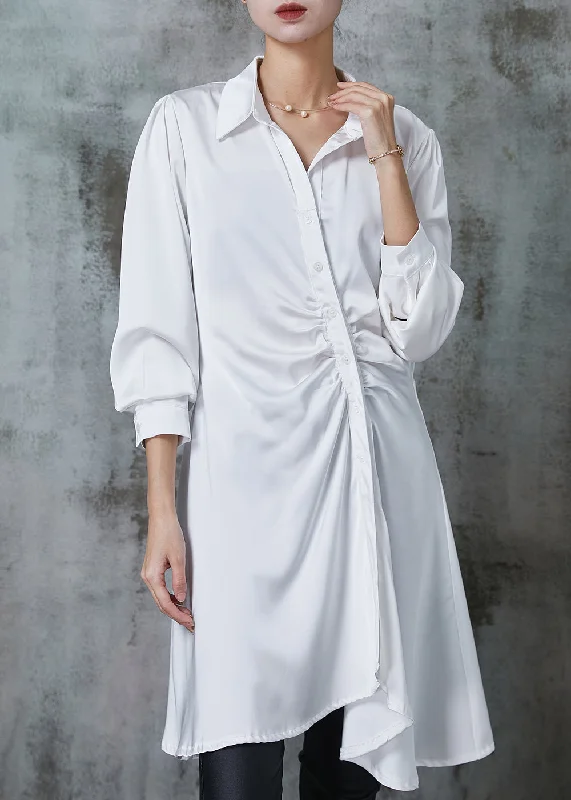 Women's Clothing Sale White Silm Fit Chiffon Dress Asymmetrical Wrinkled Spring