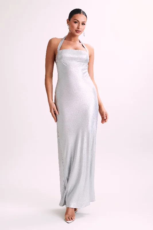 Seasonal Sale Sabra Satin Halter Maxi Dress - Silver