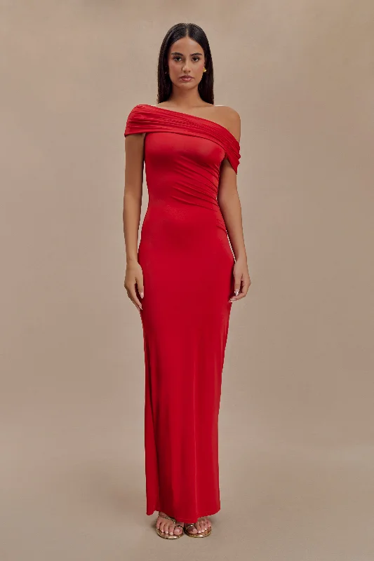 Everyday Wear Cassandra Off Shoulder Slinky Maxi Dress - Red