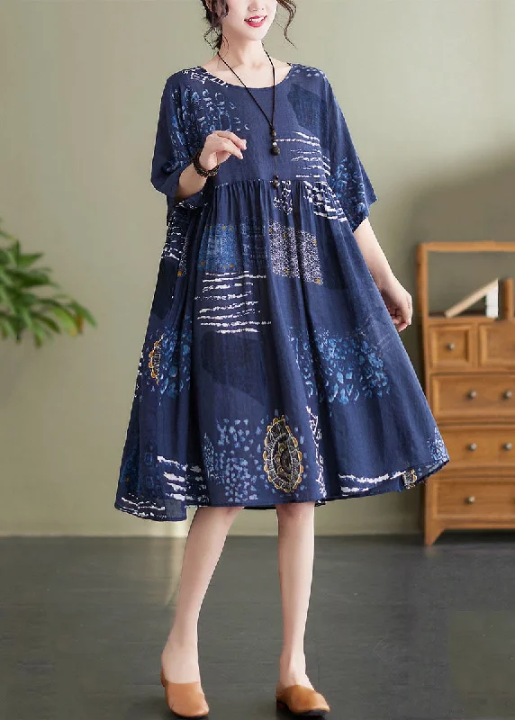 Sophisticated Style Art Navy O Neck Print Wrinkled Patchwork Cotton Mid Dresses Summer