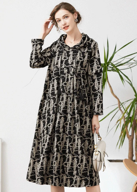 Unbeatable Prices Fashion Black Hooded Tie Dye Cashmere Long Dresses Spring