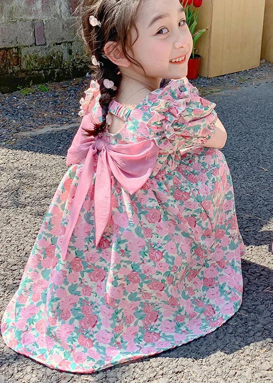 Trendy Street Style Clothing Stylish Pink Print Ruffled Bow Patchwork Chiffon Kids Girls Dress Summer