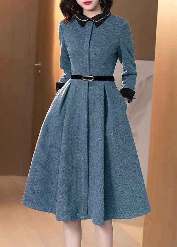 Chic Trends For The Fashion Savvy Blue Pockets Patchwork Cotton Dresses Peter Pan Collar Long Sleeve