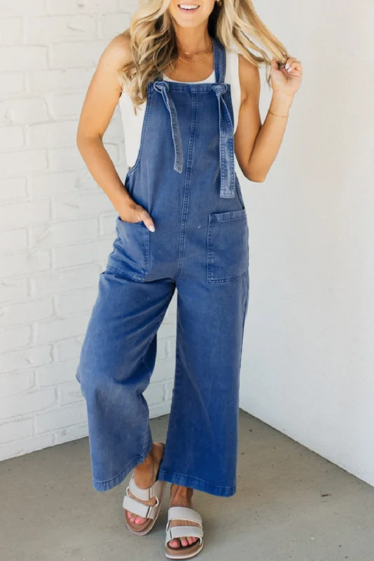 Elegant Style Prussian Blue Wide Leg Denim Jumpsuit