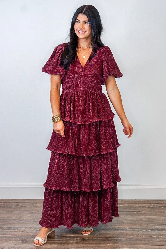 Women Clothing Holiday Shimmer Burgundy Maxi Dress