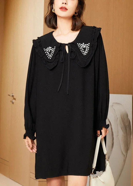 Limited Time Offers Casual Black Double-Layer Collar Lace Up Cotton Mid Dress Spring