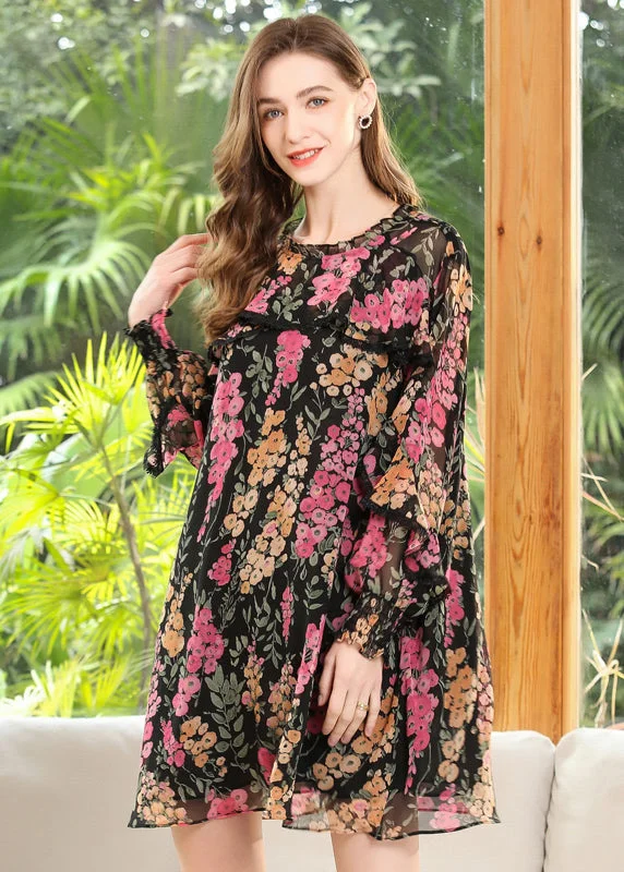 Chic Trend Collection Loose Black O-Neck Ruffled Print Chiffon Maxi Dress Spring