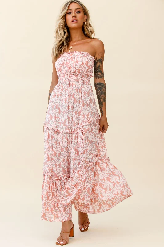 Outfits Ideas Take Me Away Strapless Maxi Dress Floral Print Blush