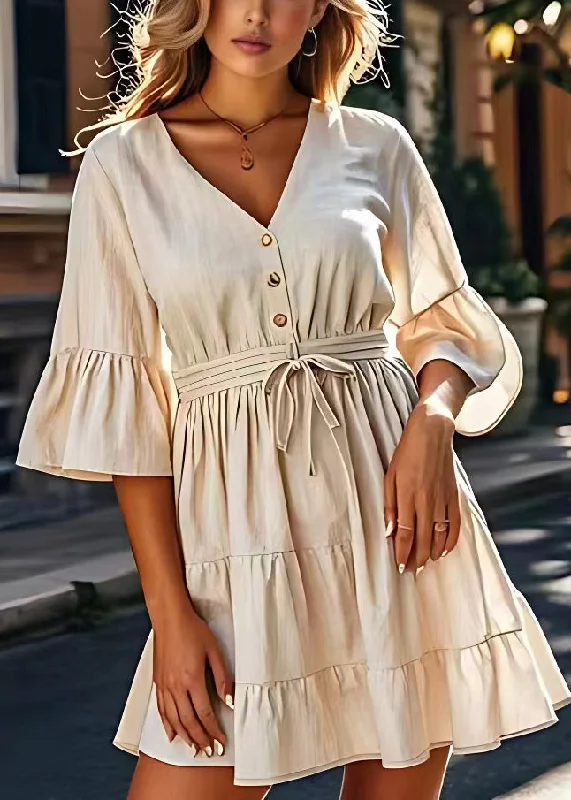 Clothes For Woman Modern Beige V Neck Lace Up Wrinkled Cotton Mid Dresses Summer