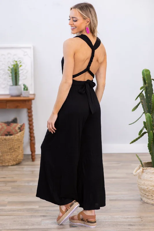 Affordable Women's Clothing Online Black Convertible Strap Wide Leg Jumpsuit