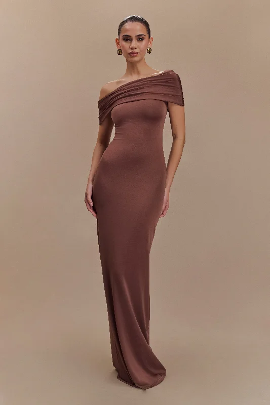 Trendsetter's Closet Cassandra Off Shoulder Slinky Maxi Dress - Chocolate