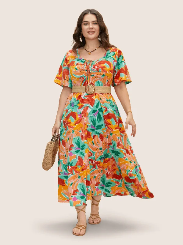 Sophisticated Fashion Heart Neckline Floral Drawstring Maxi Dress