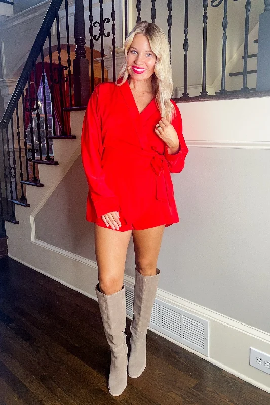 Limited Time Offer Satin Long Sleeve Faux Wrap Romper in Red