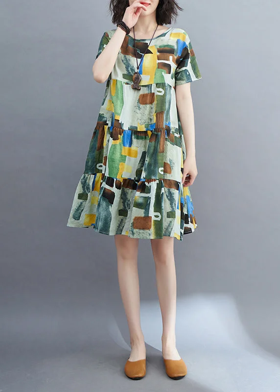 Trend Setting Wardrobe Style Colorblock Ruffled Patchwork Mid Dress Short Sleeve