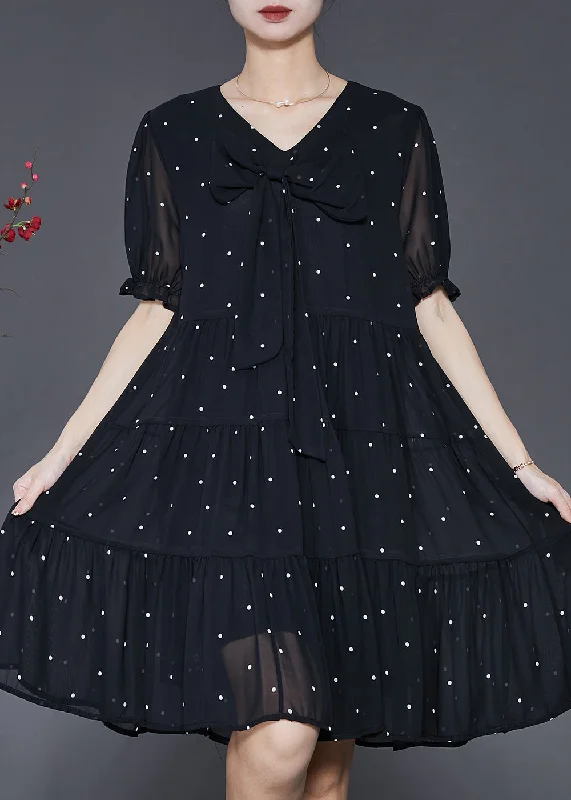 Versatile Style Wardrobe Modern Black Bow Chiffon Mid Dress Summer