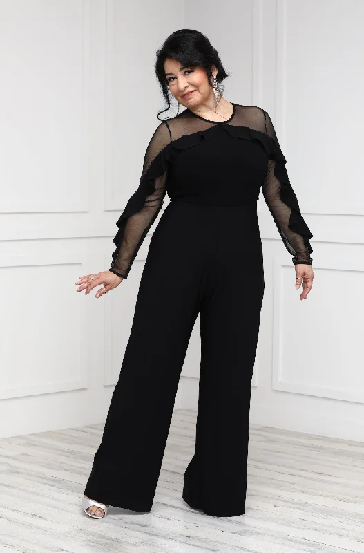 Chic Wardrobe R&M Richards Petite Women's Ruffled Illusion Sleeve Black Jumpsuit