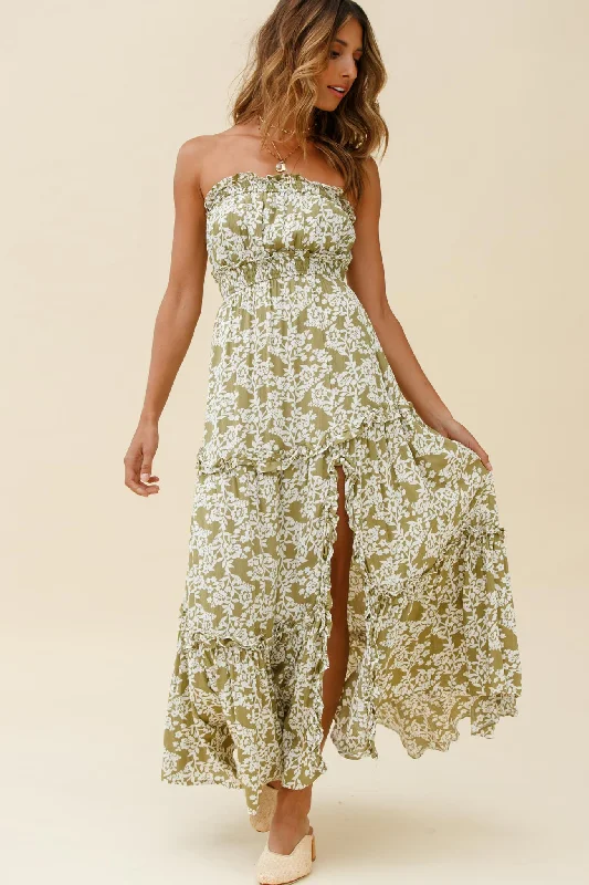 Clothing Brands Take Me Away Strapless Maxi Dress Floral Print Green