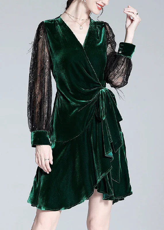 Street Style Fashion Sexy Green V Neck Tulle Patchwork Tie Waist Silk Velour Holiday Mid Dress Spring