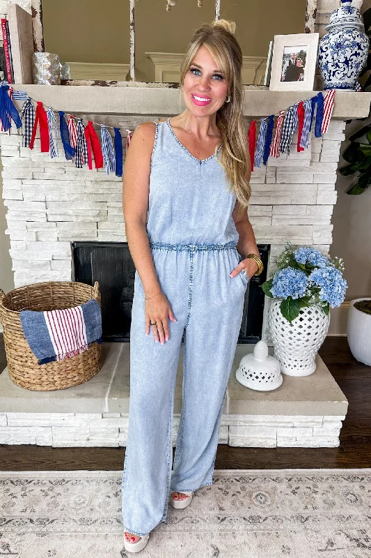 Clothes For Woman Light Chambray Criss Cross Back Pocketed Jumpsuit