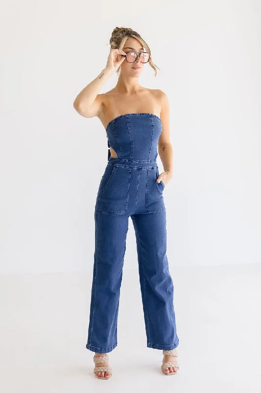 Crazy Discounts, Hurry Up Valencia Sleeveless Back Tie Wide Leg Denim Jumpsuit Dark Wash