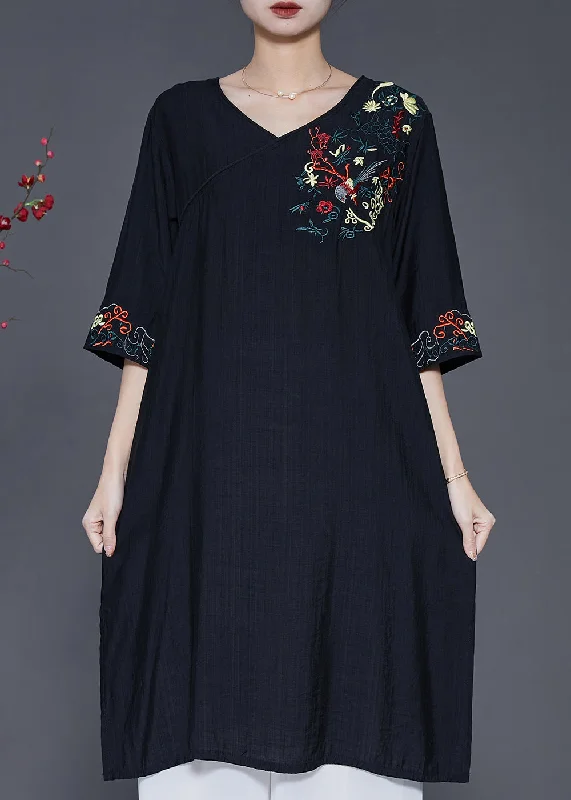 New Styles Just In Beautiful Black Embroidered Oversized Linen Dress Summer