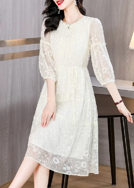 Plus Size Women's Fashion Unique Beige Embroidered Wrinkled Patchwork Silk Dress Summer