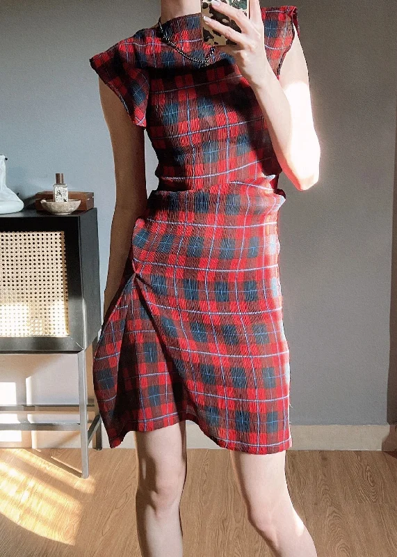 Hot Picks Original Red Plaid O Neck Wrinkled Chiffon Dress Butterfly Sleeve