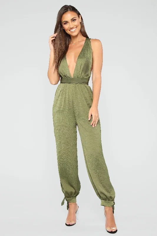 Luxury Women's Fashion Serene Satin Jogger Jumpsuit - Olive