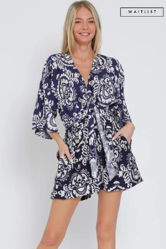 Pastel Styles Waitlist 2/20 ♥ Trina Kimono Sleeve Front Tie Abstract Print  Romper Navy