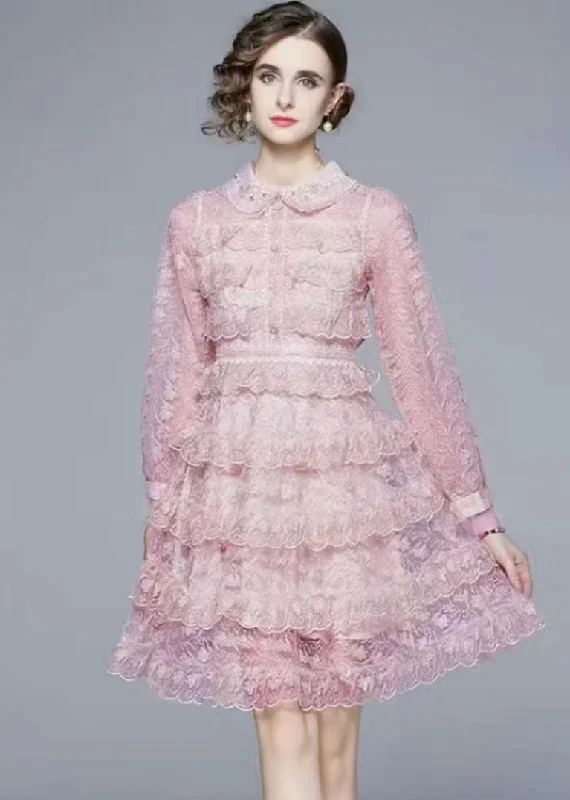 Chic Trends Unveiled Elegant Pink Peter Pan Collar Ruffles Patchwork Mid Dress Long Sleeve