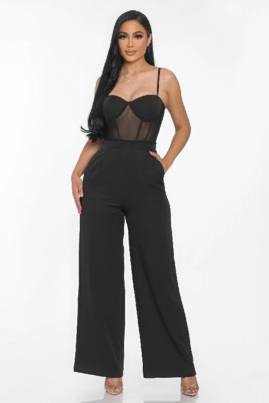 Easygoing Women's Style Mesh Insert Cup Wide Leg Jumpsuit