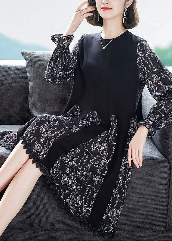 Sophisticated Fashion Casual Black Oversized Patchwork Print Chiffon Robe Dresses Spring