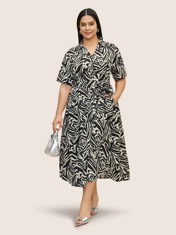 Versatile Women's Clothing for All Occasions Zebra Print Shirt Collar Belted Dress