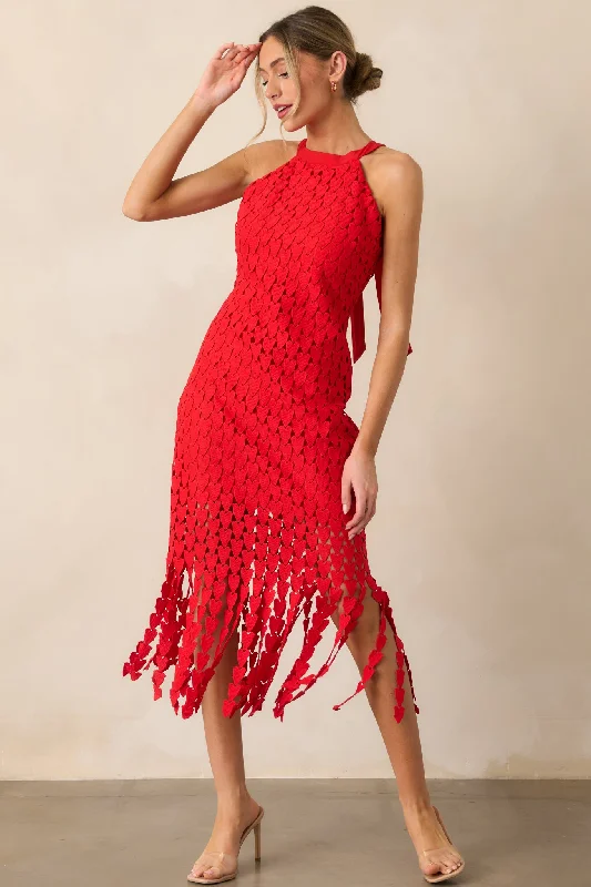 Mega Sales Heart On Display Red Heart Lace Midi Dress