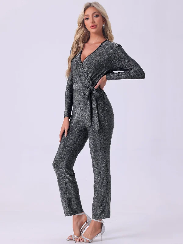 Trend Leading Collection Glitter V Neck Long Sleeves Belted Tie Waist Jumpsuits