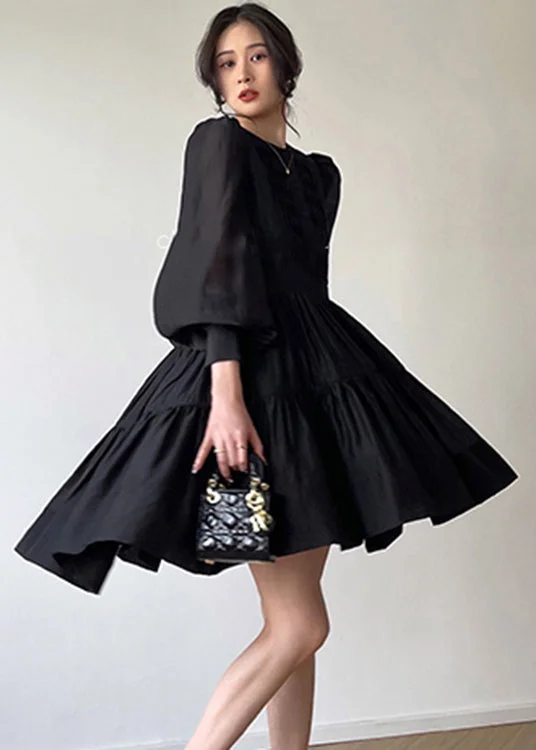 Fashion-forward Women's Clothing Elegant Black O-Neck Print Silk Mid Dress Long Sleeve