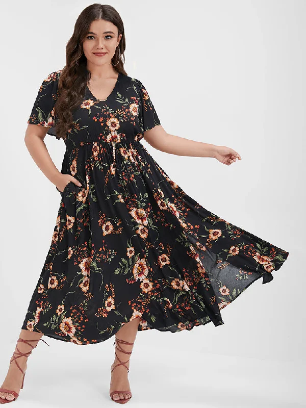 Plus Size Women Wear Floral Split Elastic Waist Pocket Ruffled Maxi Dress