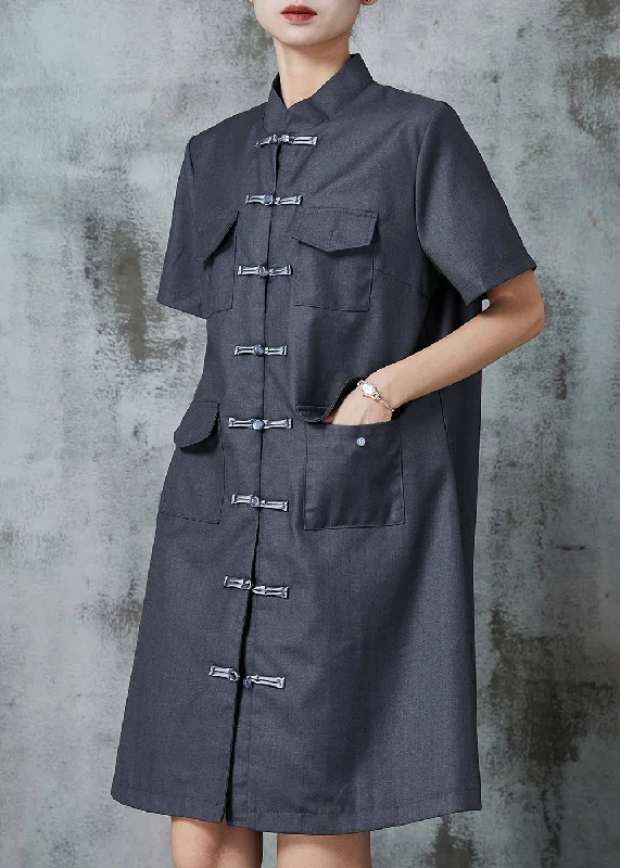 Holiday Discount Vintage Grey Chinese Button Pockets Linen Dress Summer