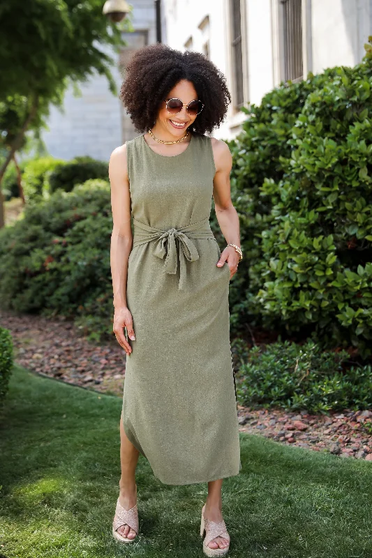 Feminine Dresses for Women in Bold Prints Relaxed Charm Olive Linen Tie-Front Maxi Dress