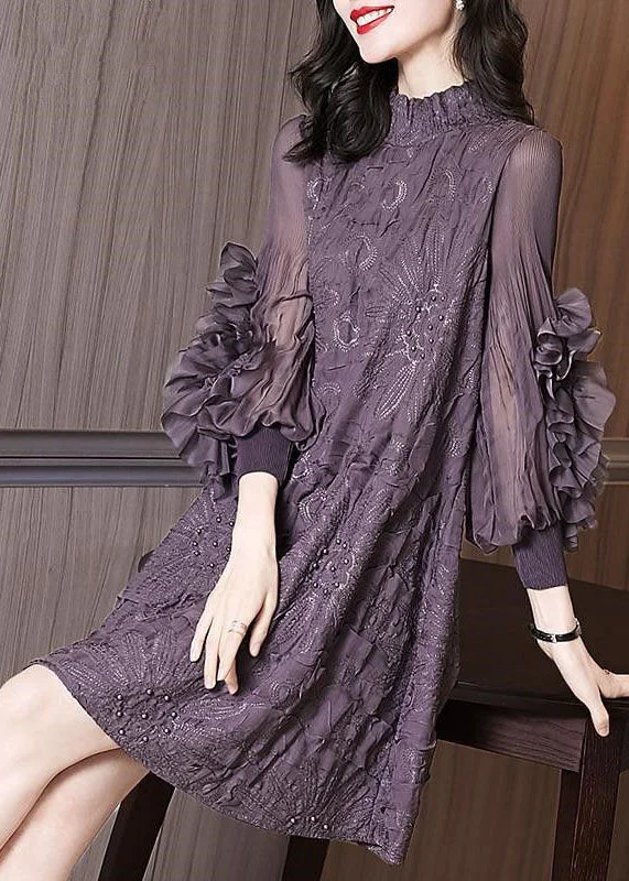 Stupidly Low Prices Original Design Purple Stand Collar Embroidered Nail Bead Silk Maxi Dress Long Sleeve