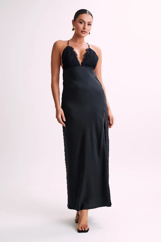 Imeless Style Gina Satin Slip Maxi Dress With Lace - Black