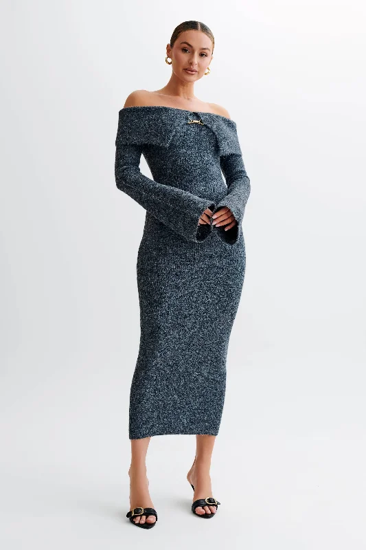 Modern Casual Clothing Baxter Off Shoulder Fluffy Knit Midi Dress - Charcoal